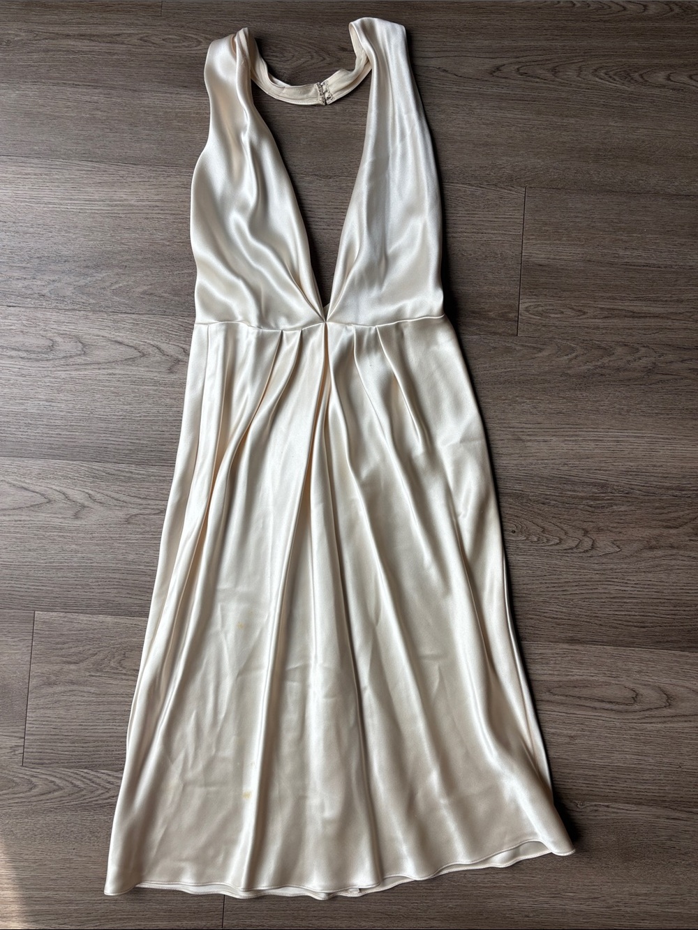Vintage Hollywood Geri Gerard Cream 100% Silk Backless Plunge Halter Dress USA